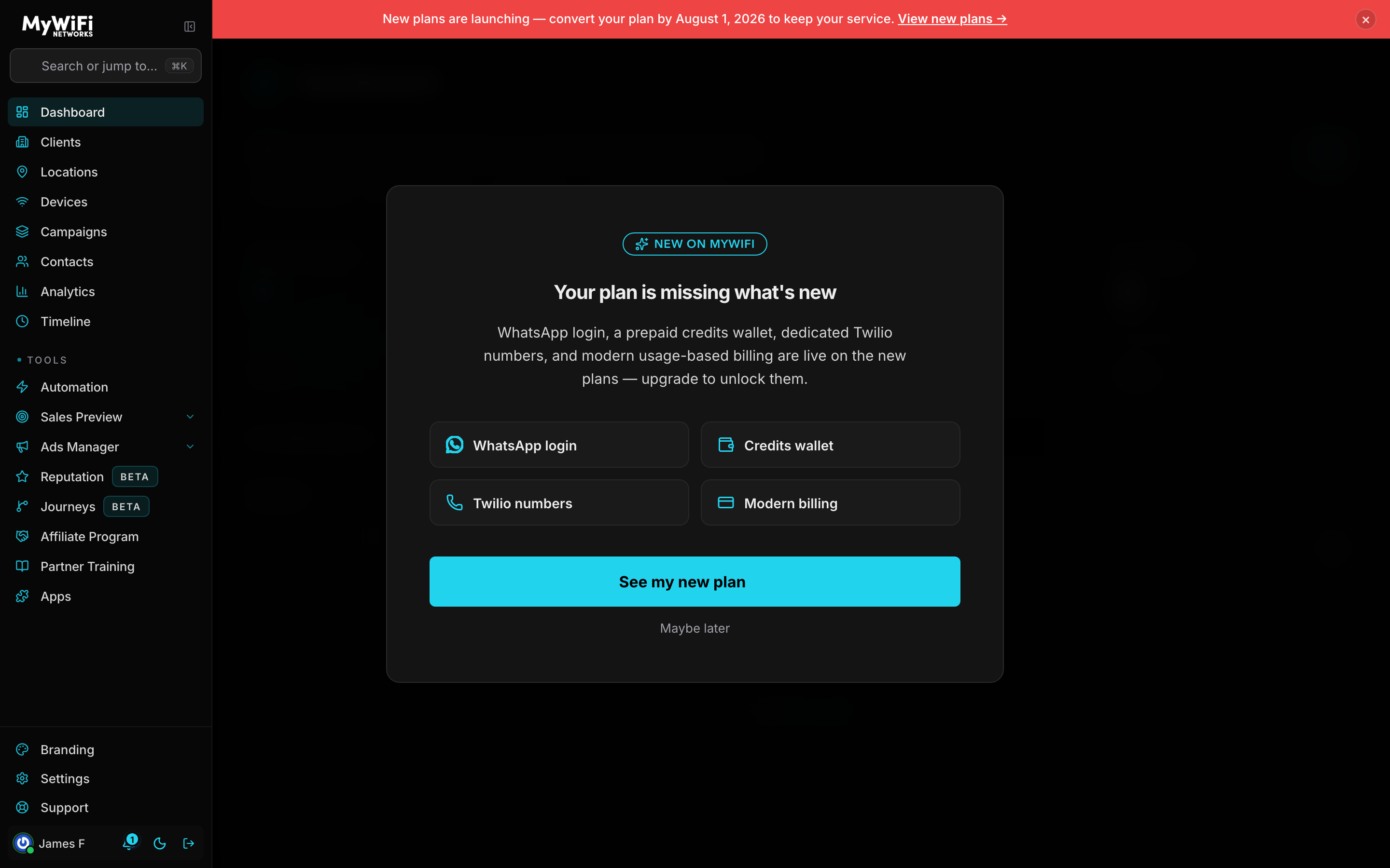 Recurly account view — the top migration banner and the "your plan is missing what's new" upsell screen