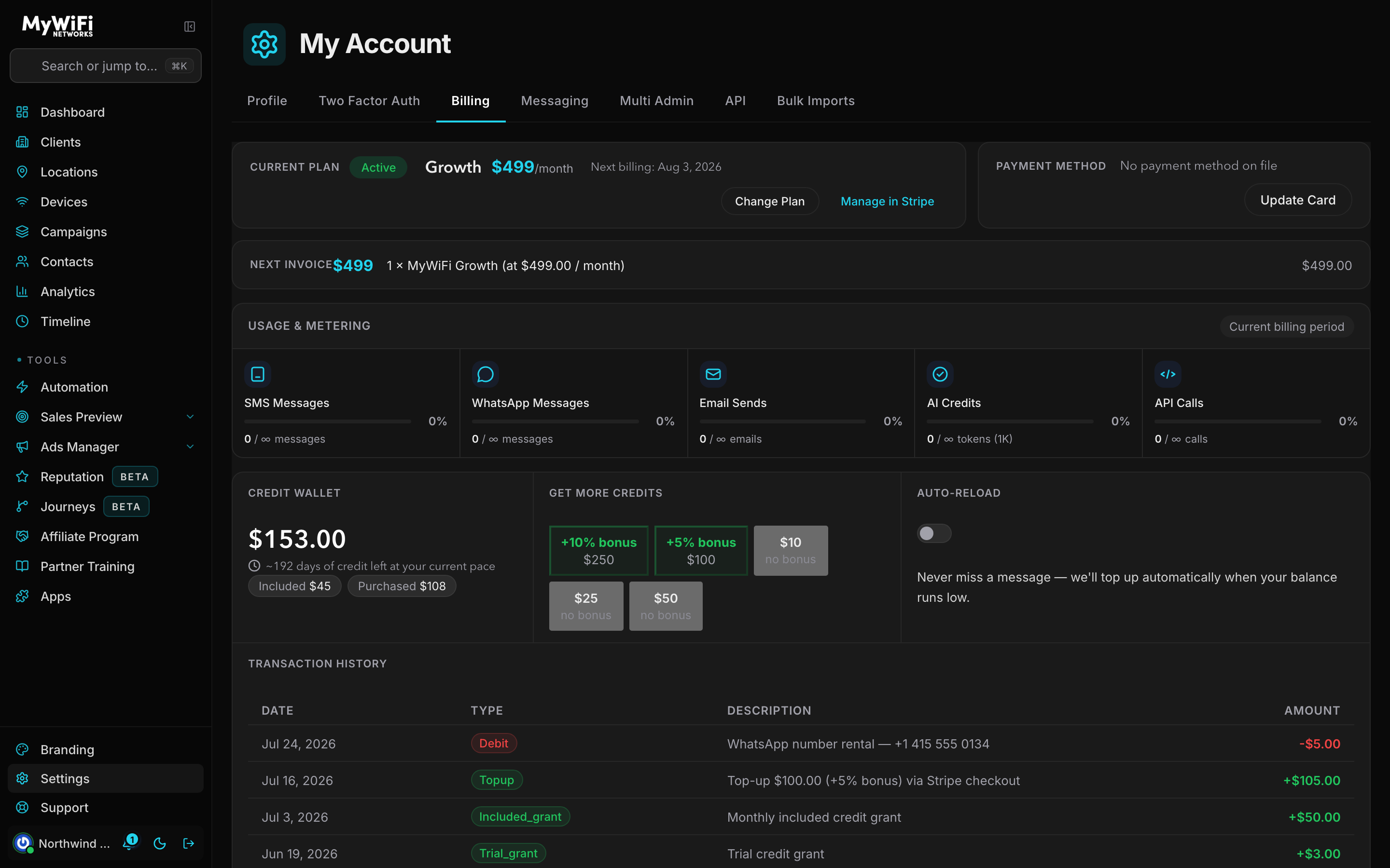 Billing tab — Credit Wallet balance, Get More Credits, Auto-Reload, and Usage &amp; Metering