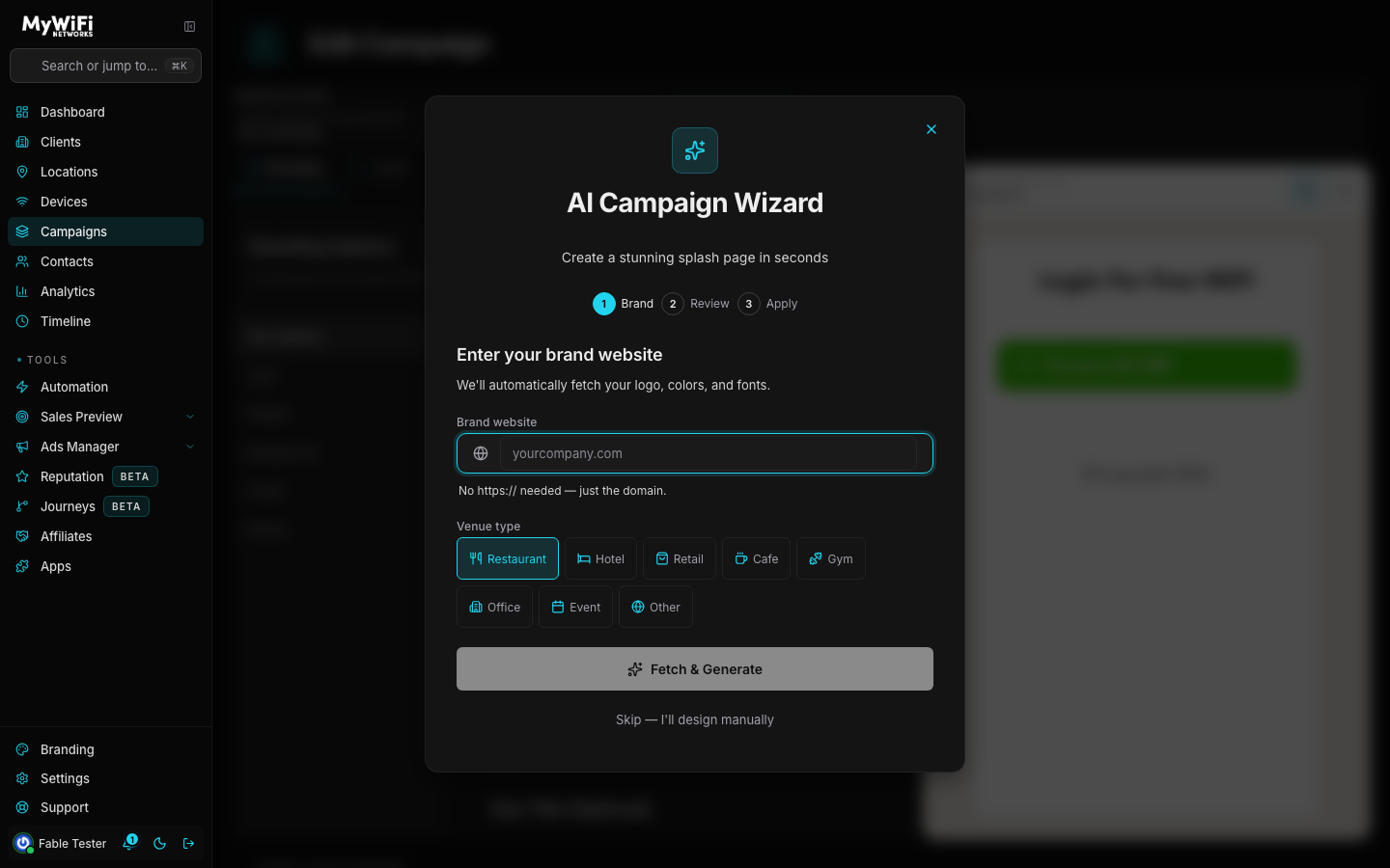 AI Campaign Wizard modal — step 1, brand website and venue type