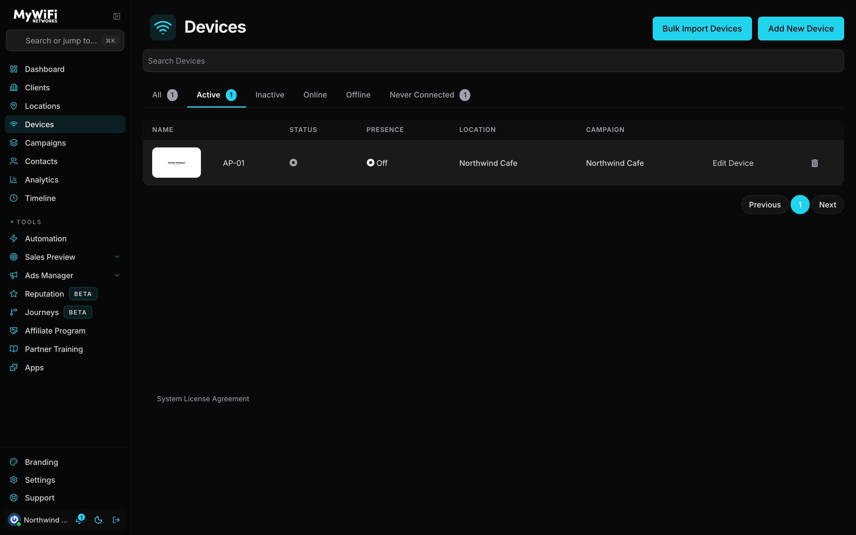 Devices page — every registered device, with location and status