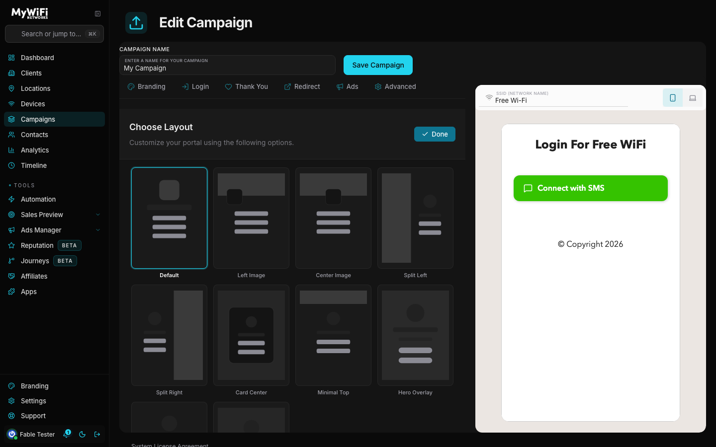 Choose Layout modal showing available splash-page layouts