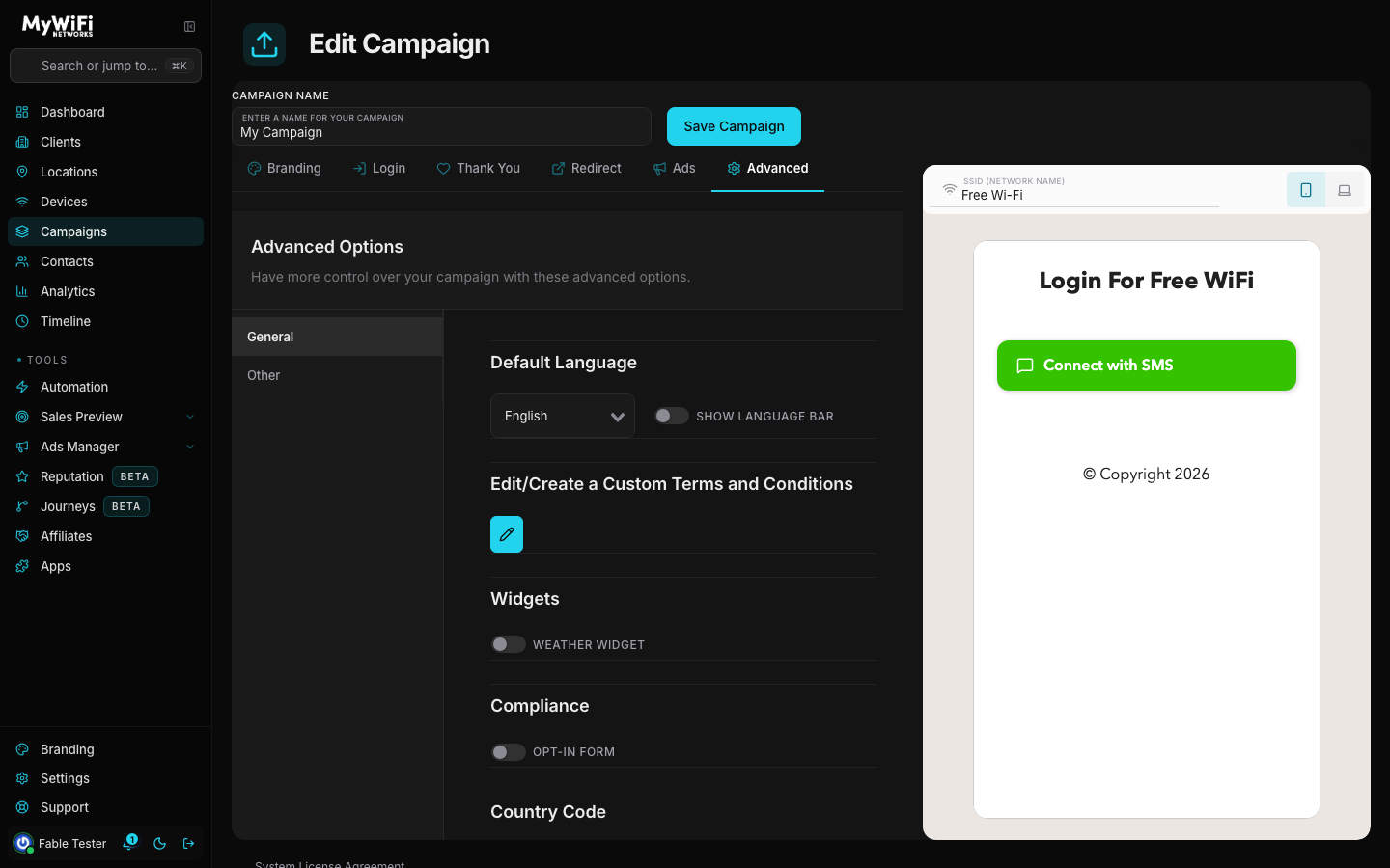Advanced tab showing General settings: language, terms and conditions, widgets, compliance