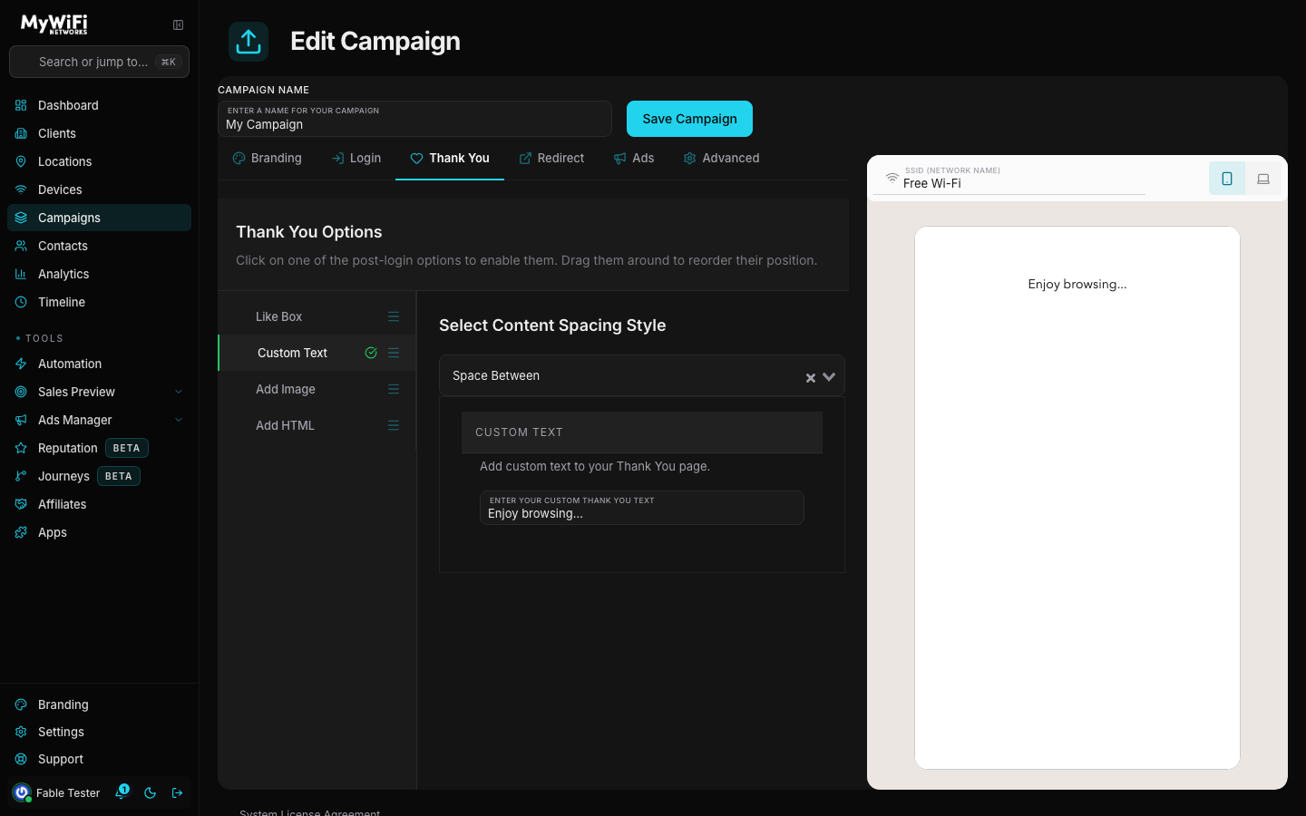 Thank You tab with Like Box, Custom Text, Add Image, Add HTML options