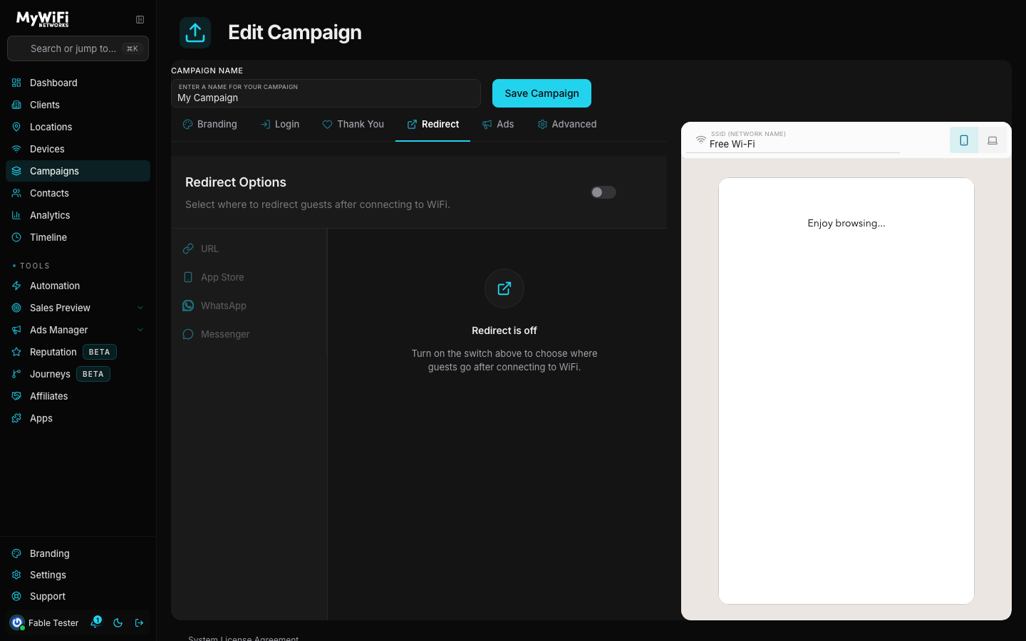 Redirect tab with Messenger option highlighted