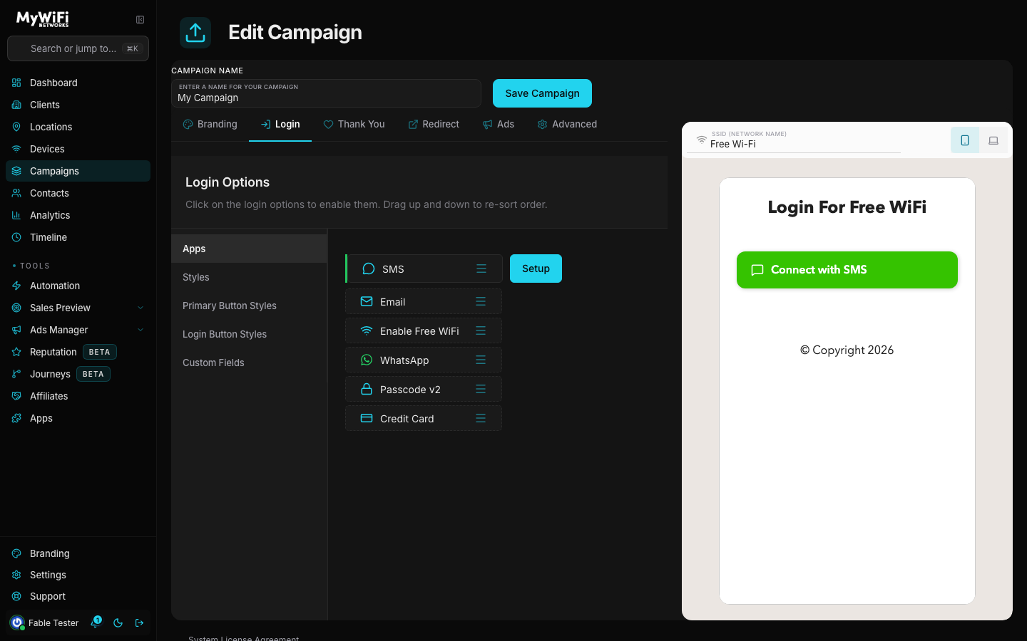Login tab, SMS option with Setup button