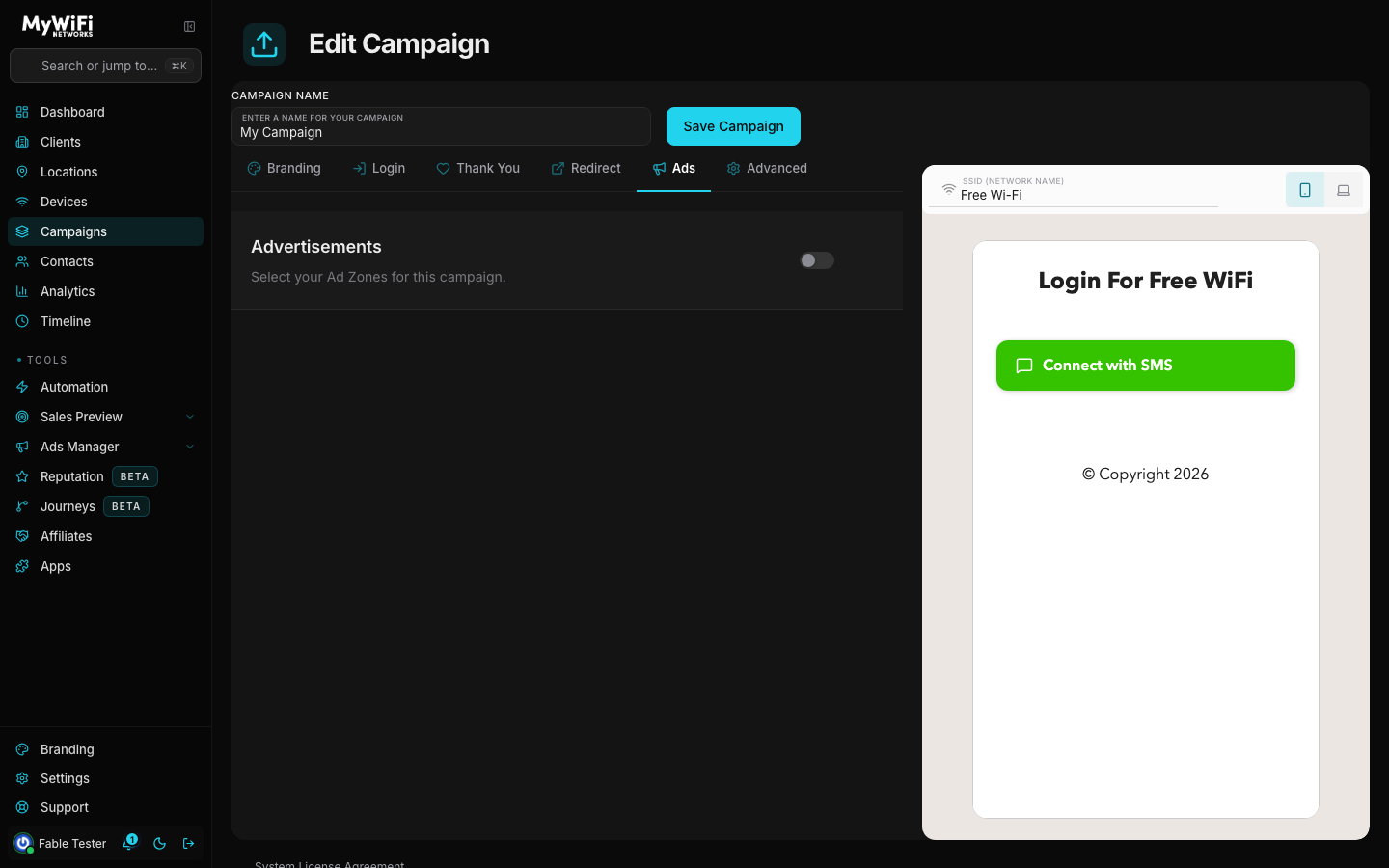 Ads tab showing the Advertisements toggle and Ad Zones selector