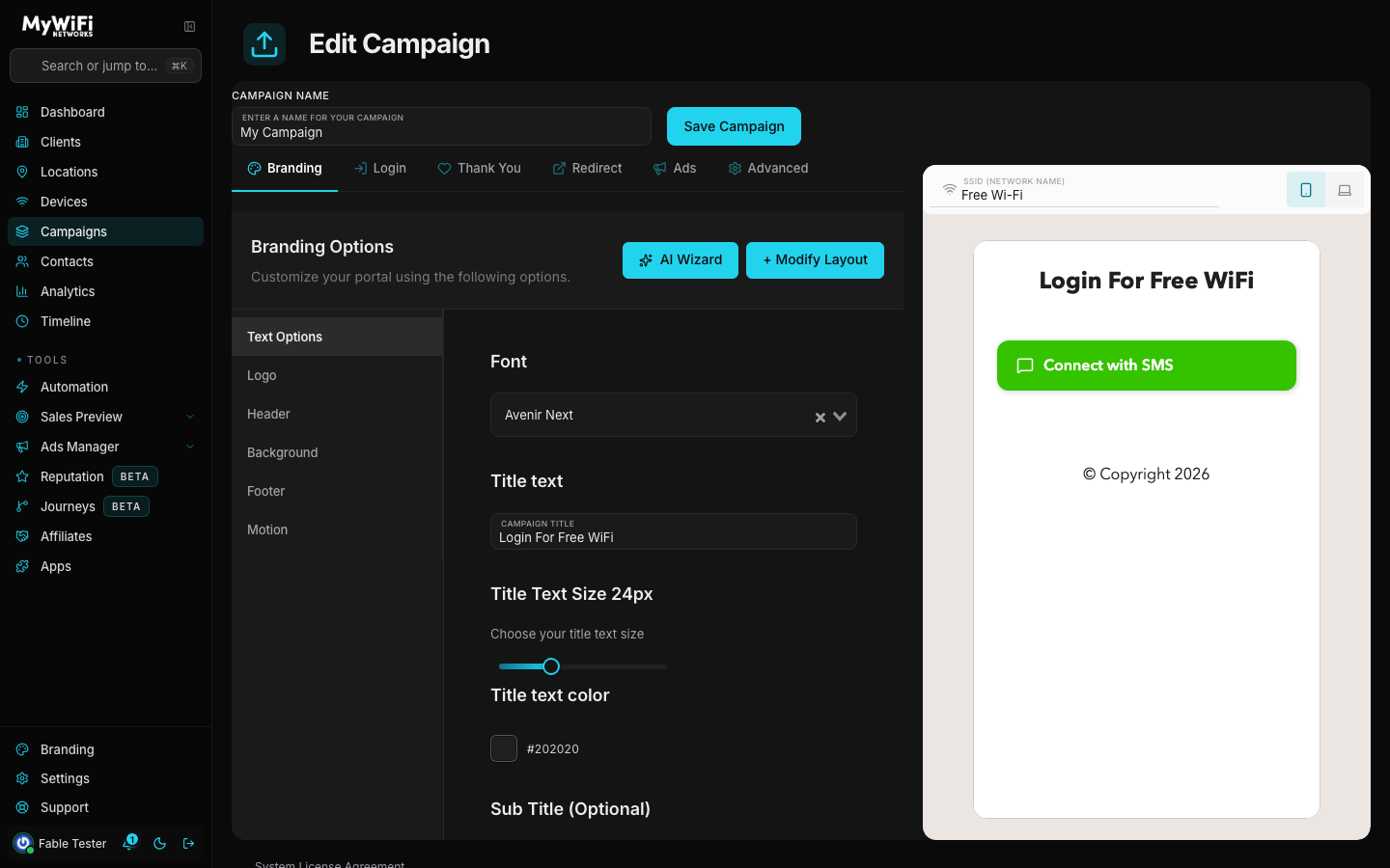 Campaign builder Branding tab, Text Options panel