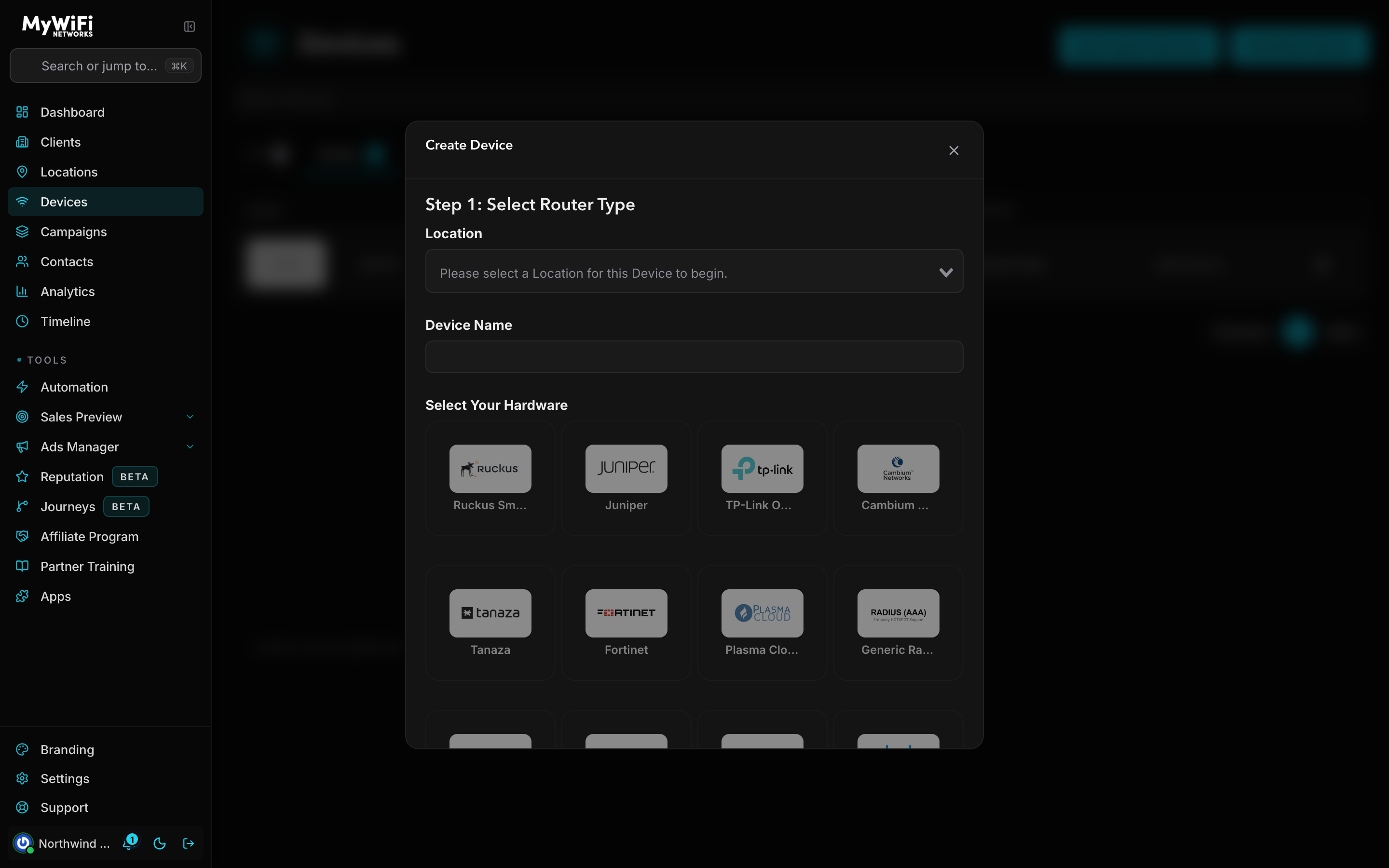 MyWiFi dashboard — Create Device modal, Step 1: select your location, name the device, and choose your hardware from the vendor list
