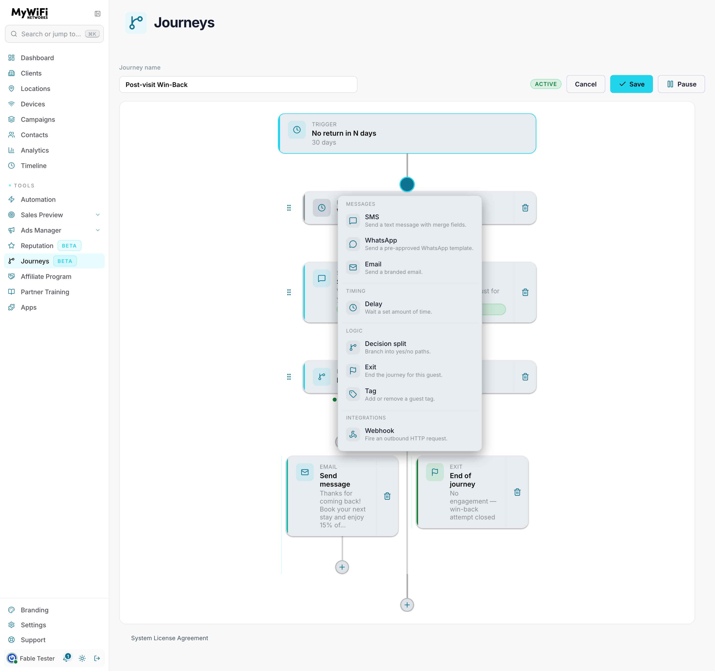 Add Step picker with its four step groups — Messages, Timing, Logic, and Integrations (Tag and Webhook)