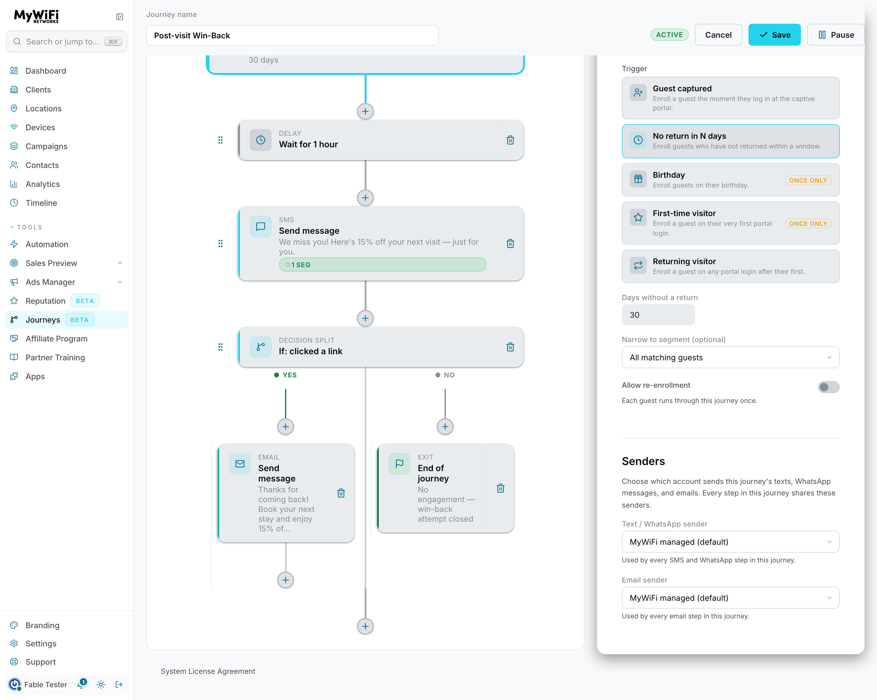 Senders panel — the journey-wide Text/WhatsApp sender and Email sender pickers shared by every step