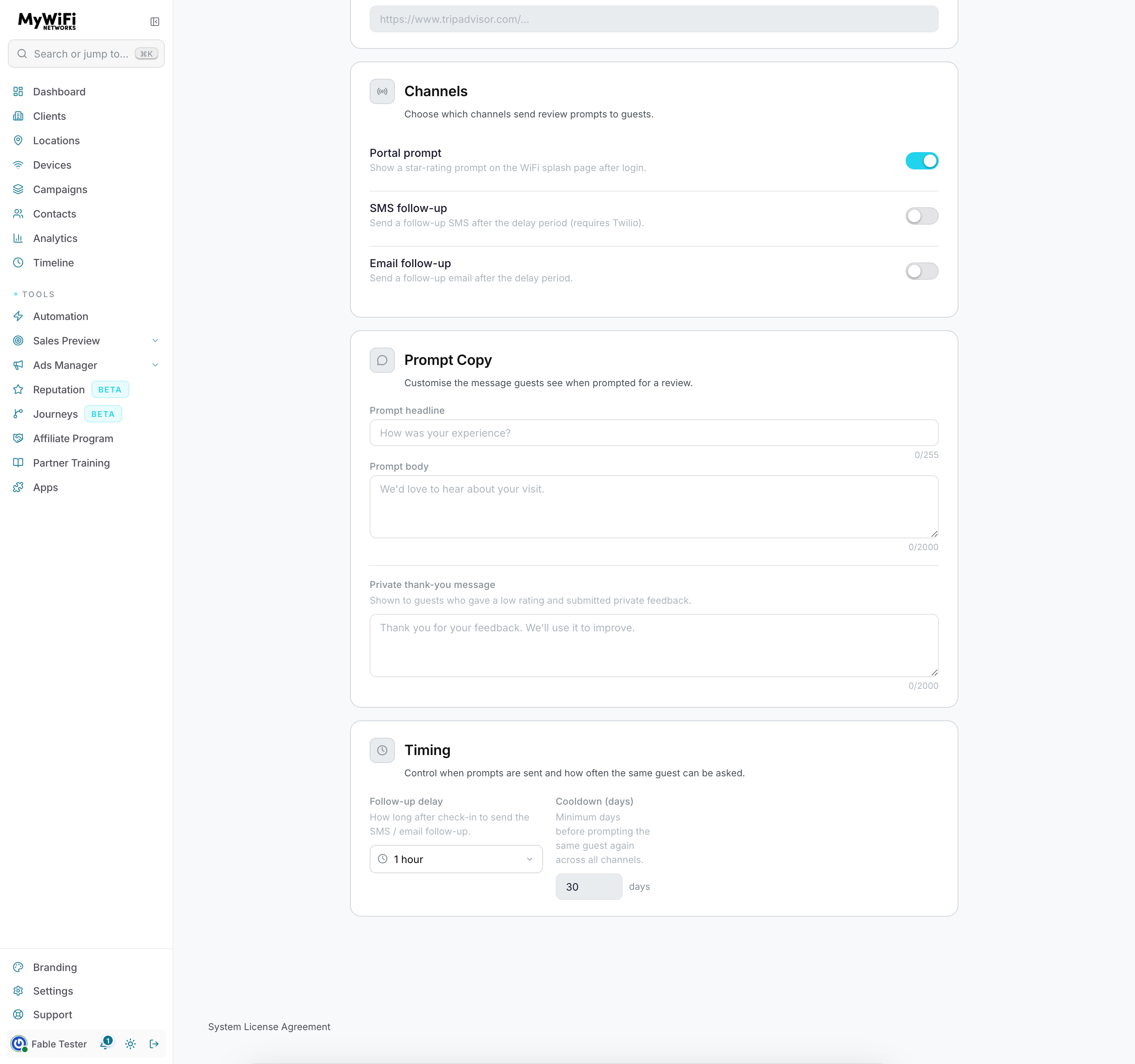Reputation setup — channel toggles, prompt headline and body with character counters, private thank-you message, follow-up delay, and cooldown-days fields