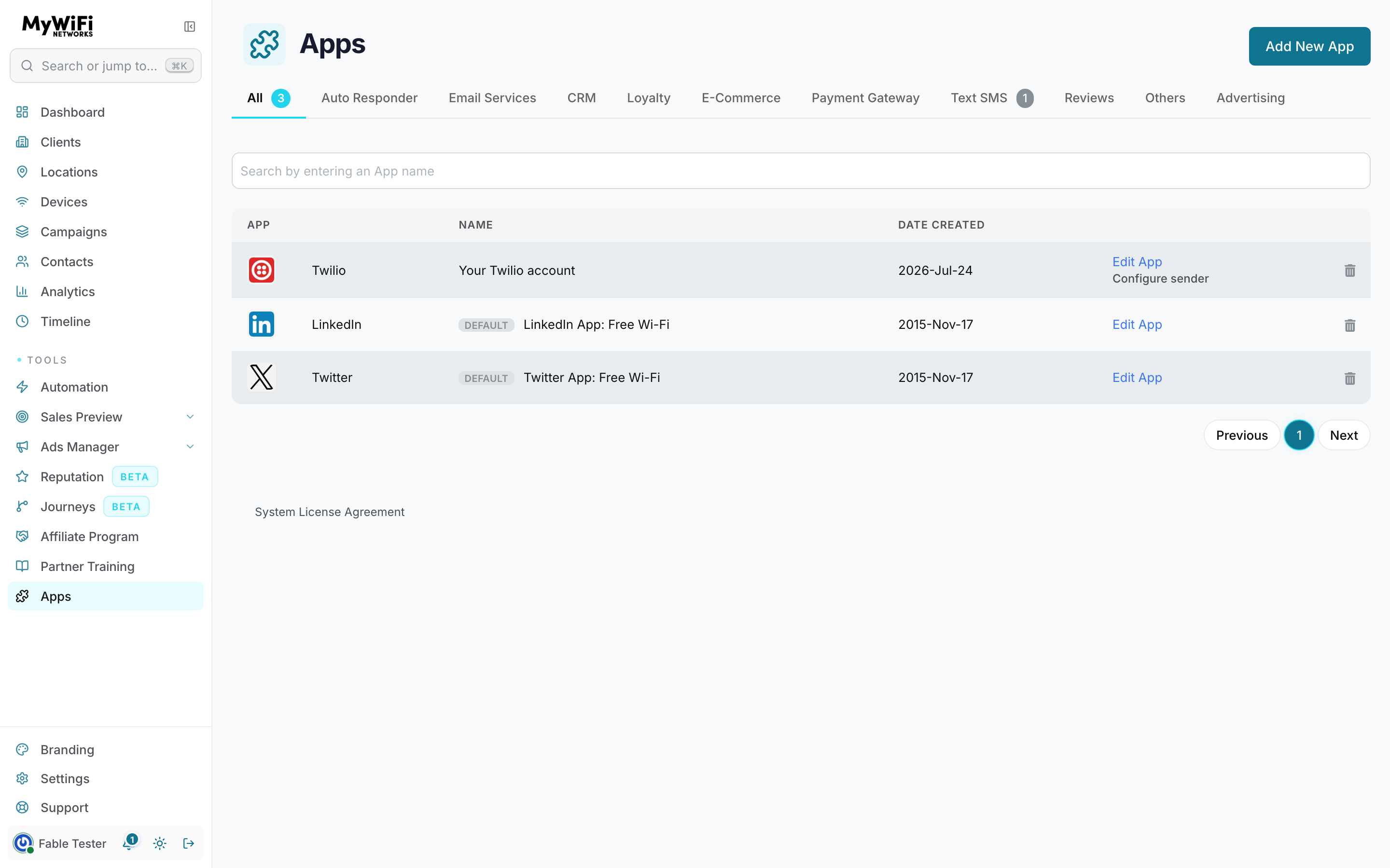 The Apps page — integration categories from auto-responder through advertising, and the connected-app list with per-app edit actions