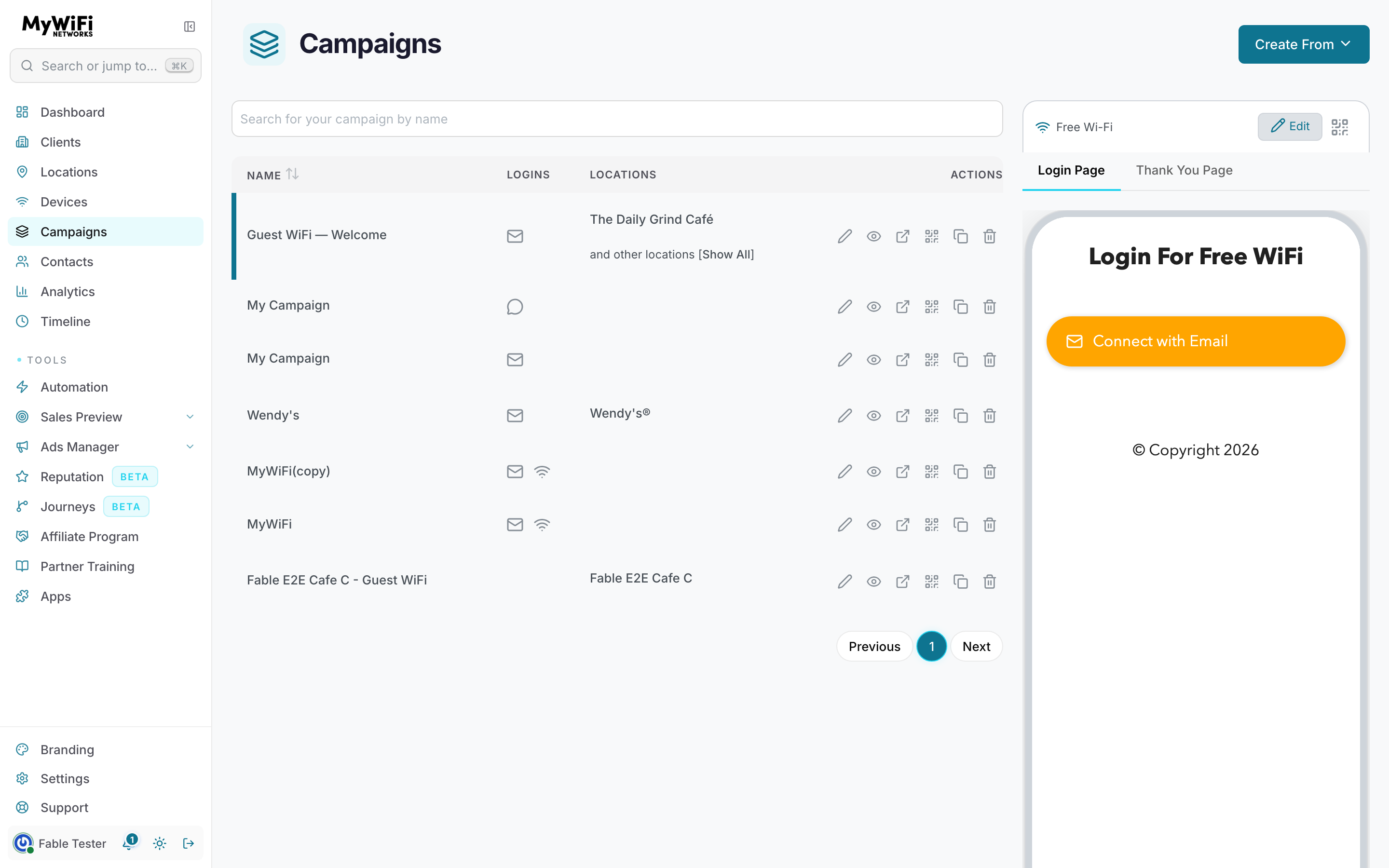 The Campaigns list — each campaign's login methods and assigned locations, per-row action icons, and the live Login Page / Thank You Page preview panel