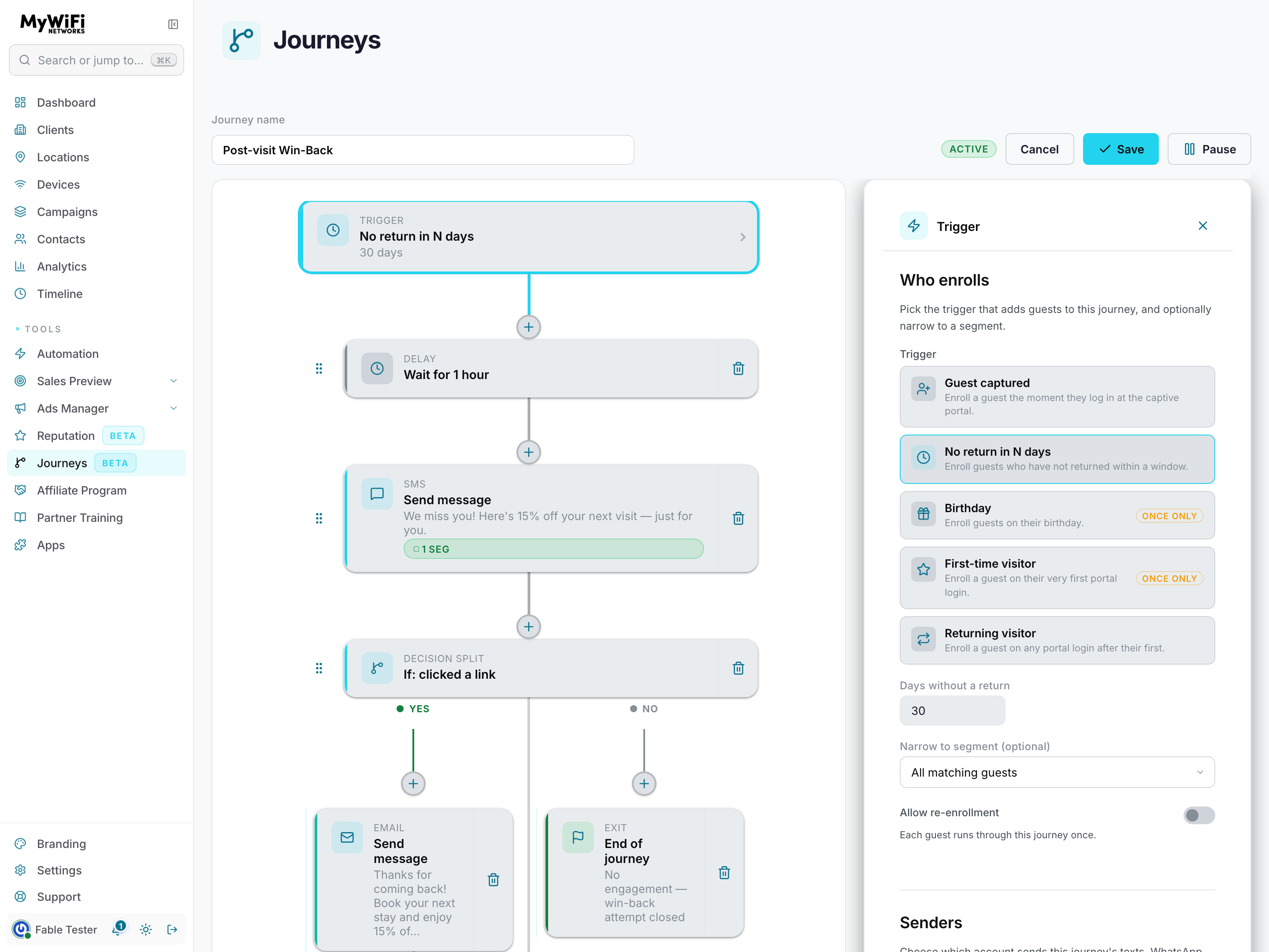 Trigger panel listing all five trigger types, with the days-without-return field, segment narrowing, and the re-enrollment toggle