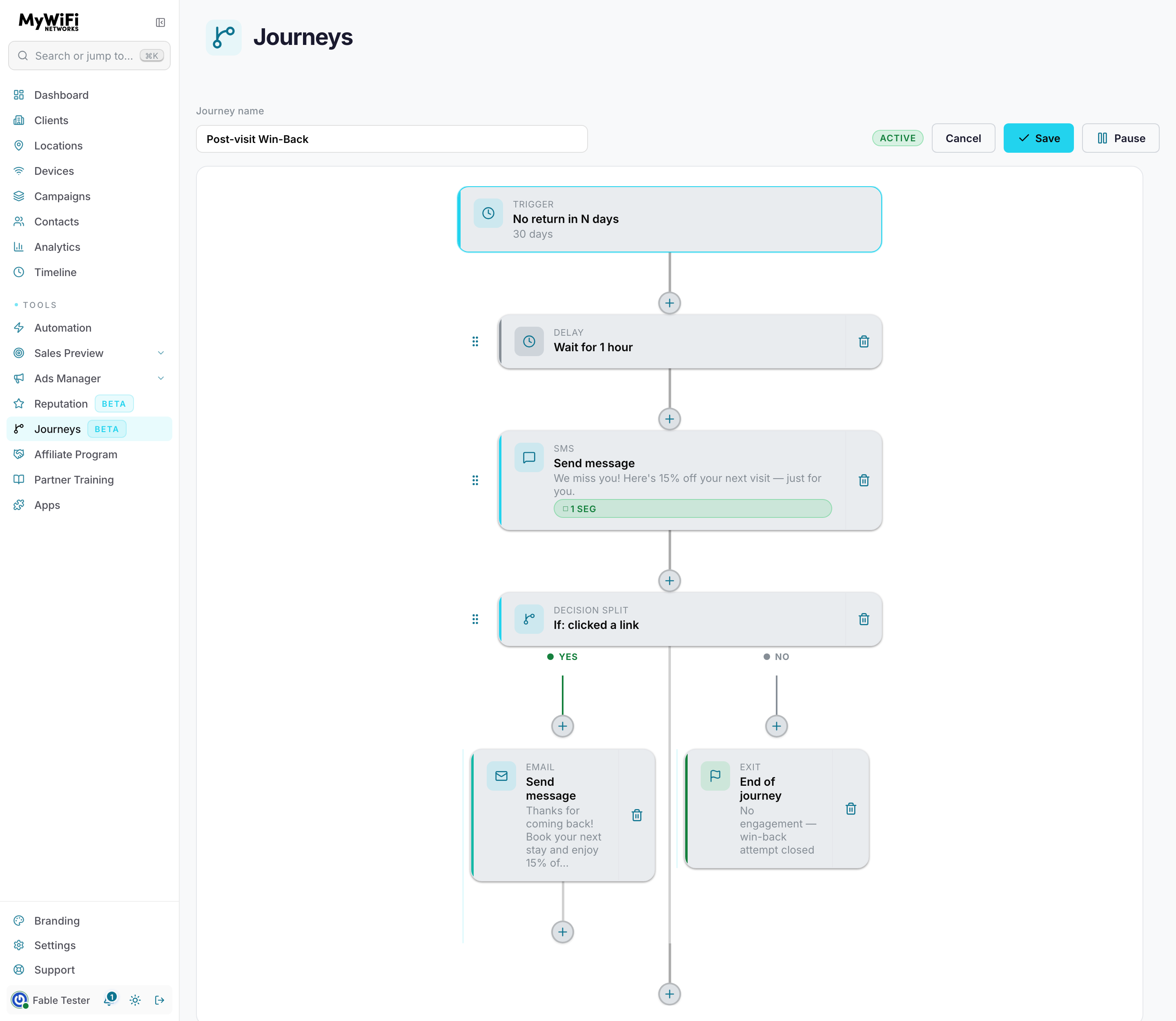 Journey Builder canvas with a 5-step journey: a no-return trigger, a delay, an SMS step, a decision split, and an email/exit branch