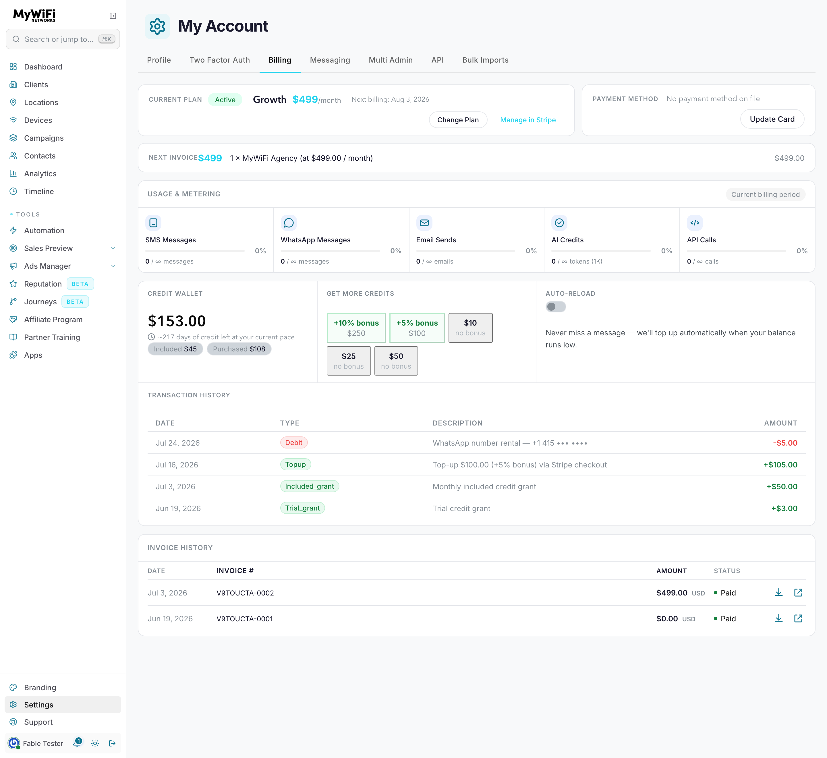 Billing tab — metered usage bars, the Credit Wallet balance with included/purchased split and top-up bonus tiers, the auto-reload toggle, and transaction/invoice history