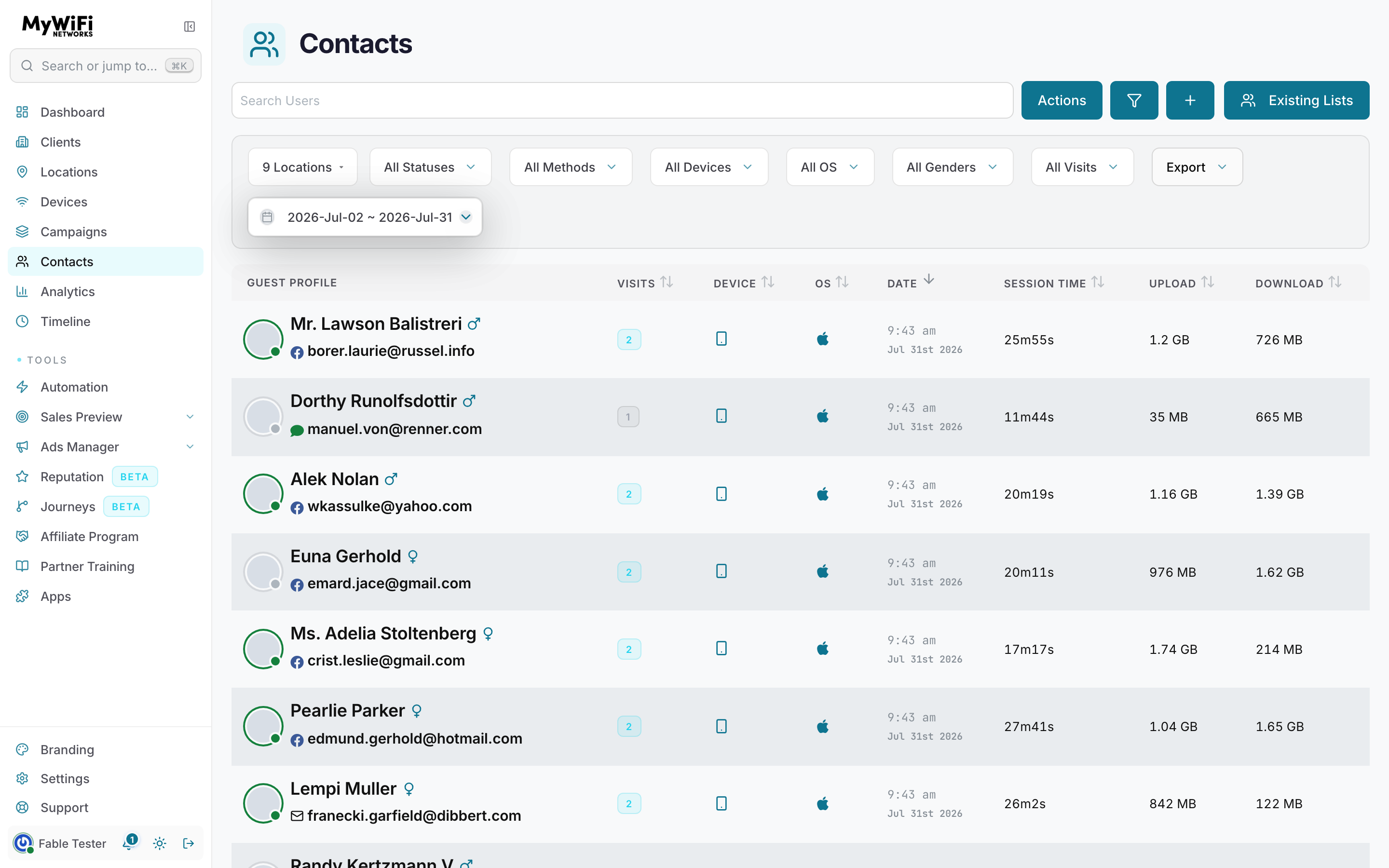Contacts table with the full filter row — locations, status, login method, device, OS, gender, visit count, date range — plus the Export action and sortable visit/session/bandwidth columns