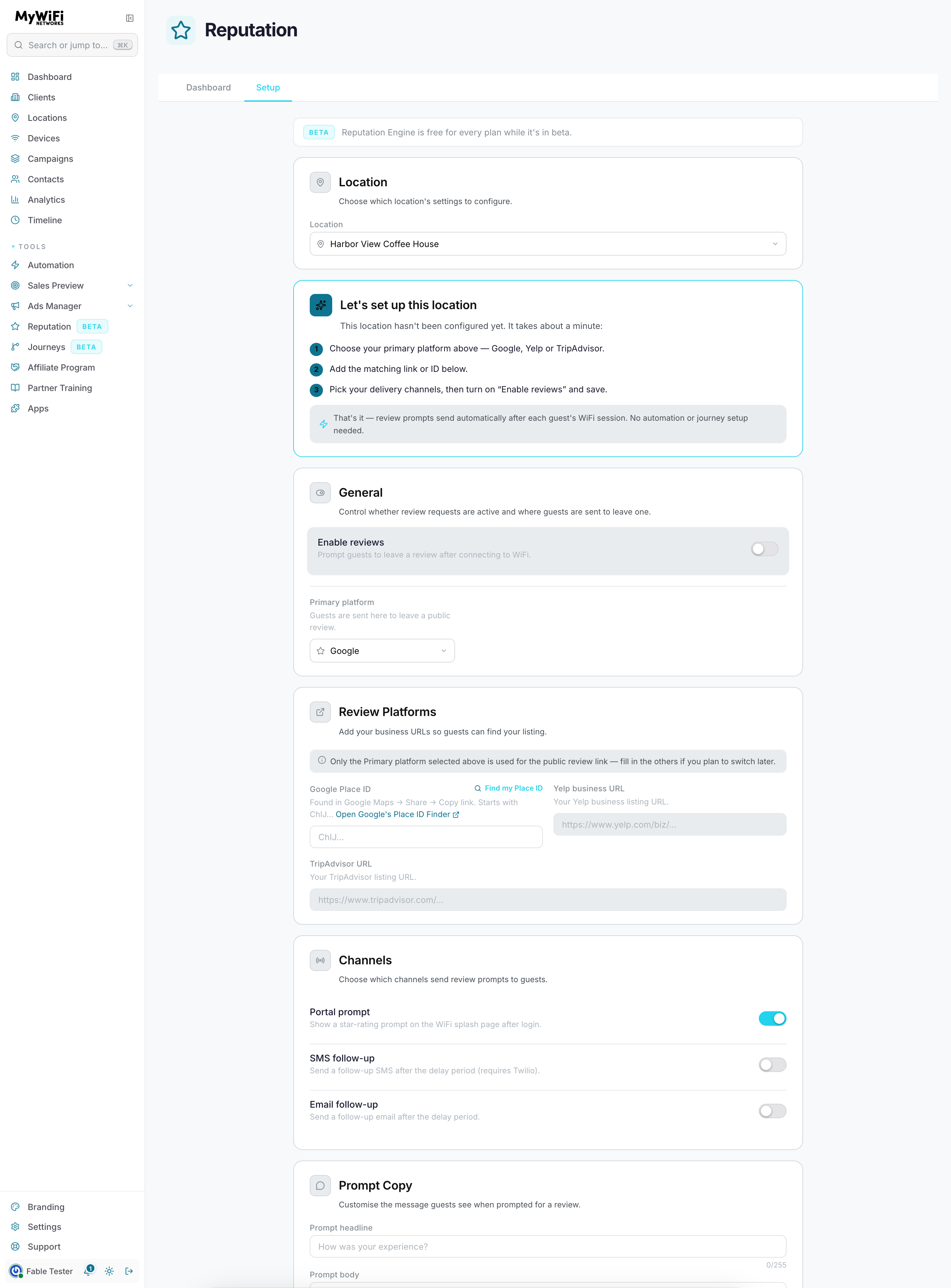 Reputation setup — location picker, enable-reviews toggle, primary platform choice, Google Place ID field with the Find-my-Place-ID lookup, and the three delivery channels