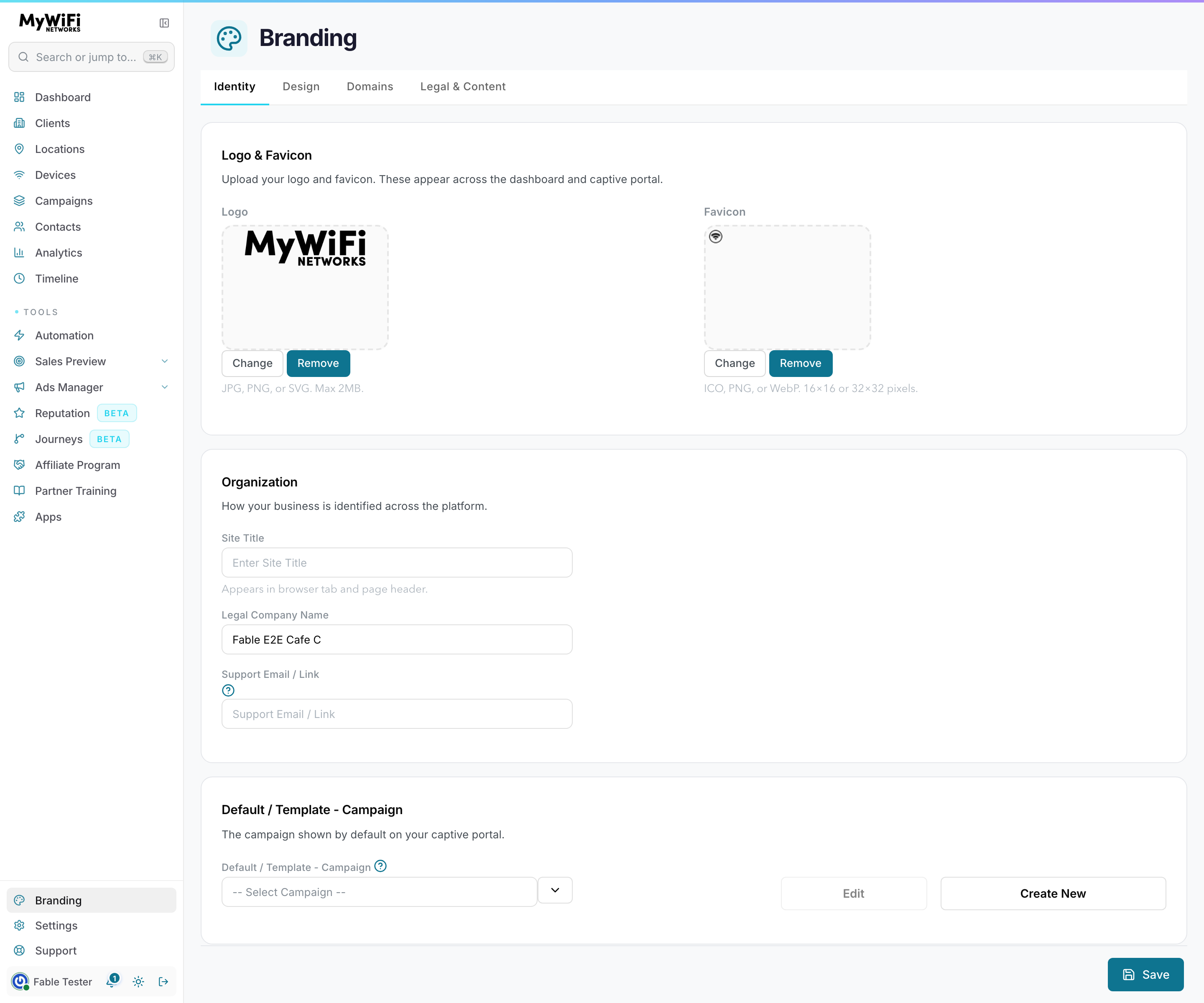 Branding Identity panel — logo and favicon upload with format and size constraints, site title, legal company name, and support email/link