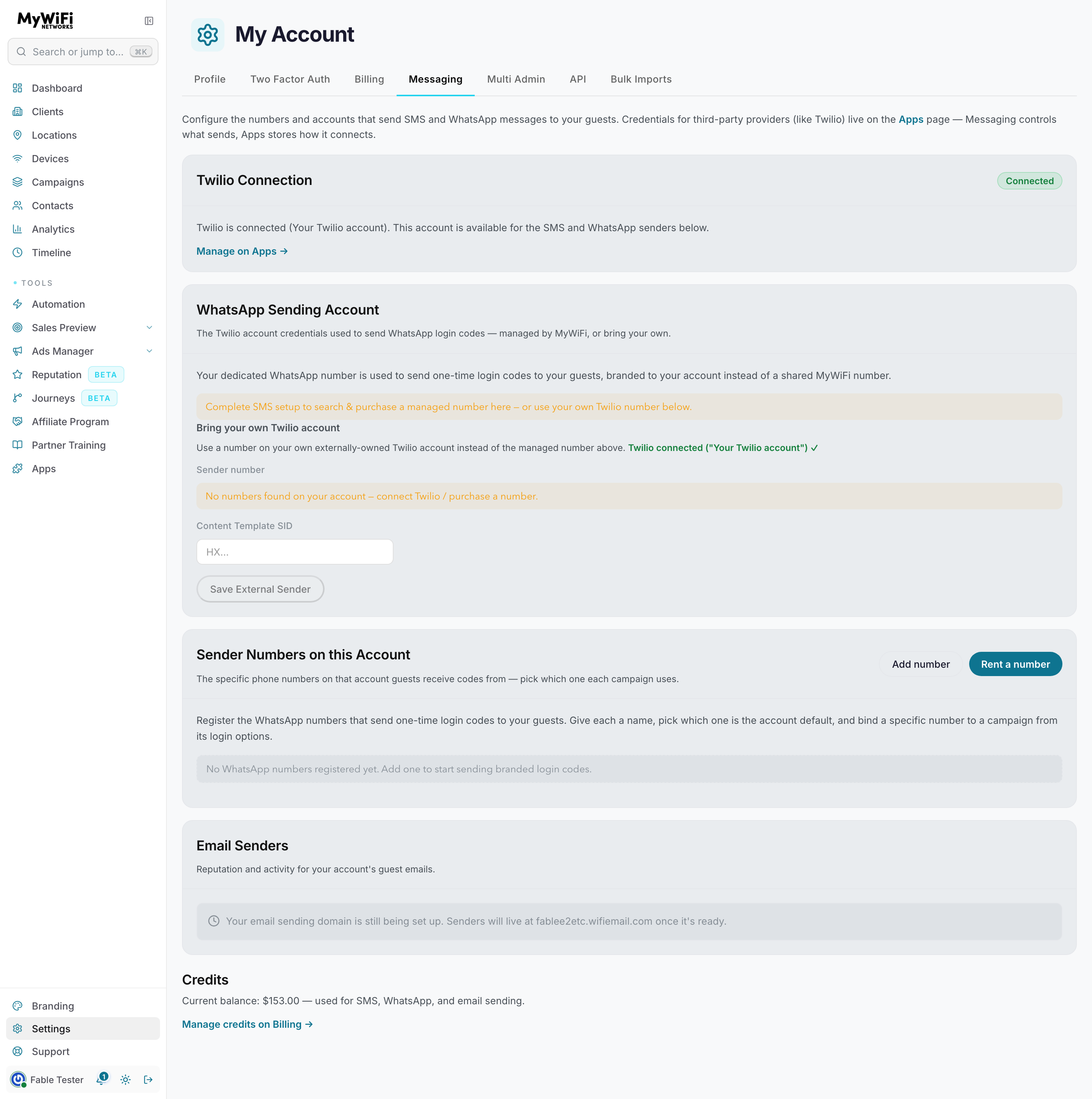 Messaging tab — Twilio connection status, the WhatsApp sending account card, the complete-SMS-setup-first prerequisite, bring-your-own-Twilio fields, registered sender numbers, and the credit balance
