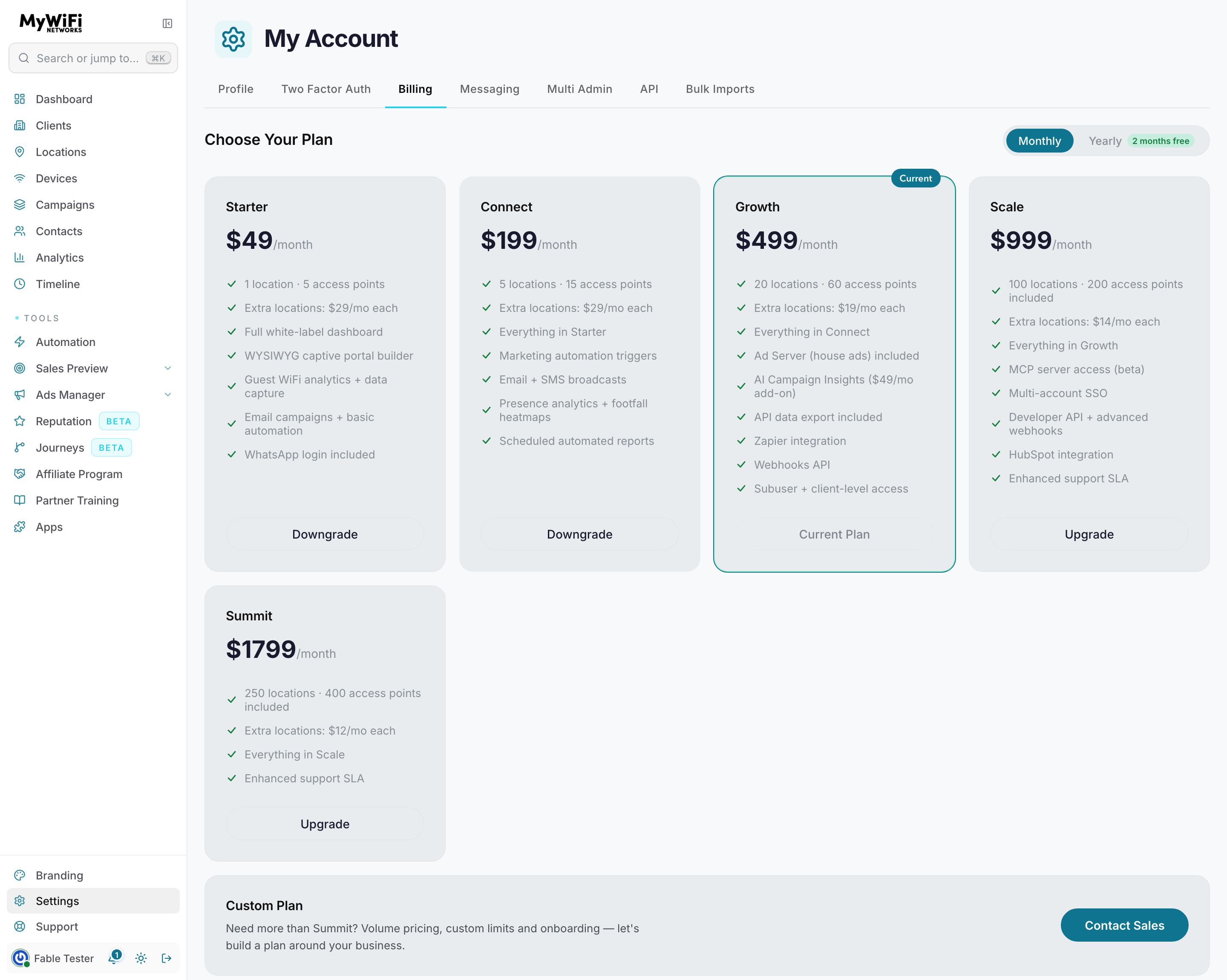 Plan comparison grid — monthly vs yearly pricing, per-plan location and access-point allowances, feature lists, the current plan marked, and the contact-sales custom tier