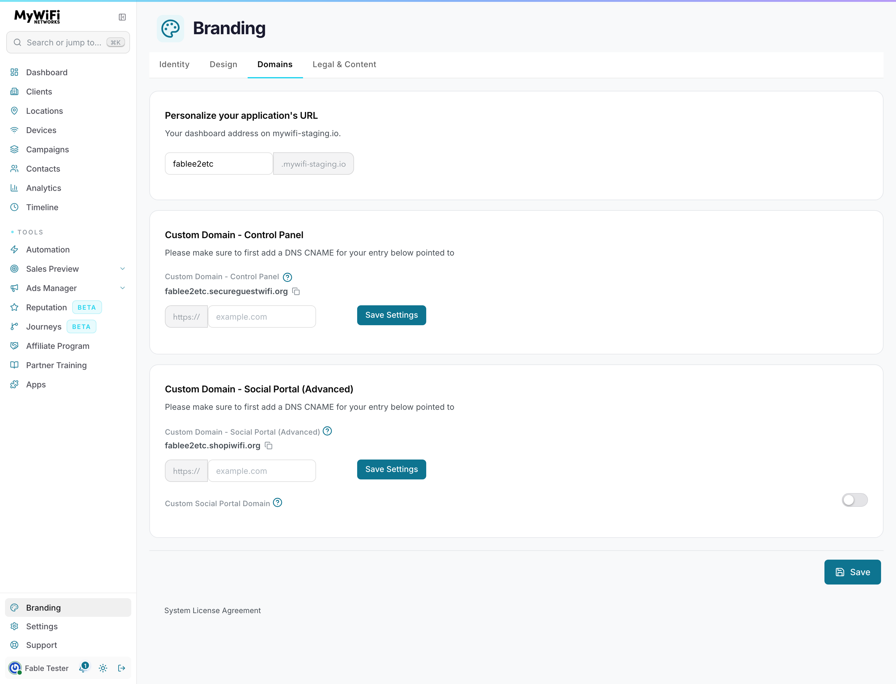 Branding Domains panel — the subdomain field, and the Control Panel and Social Portal custom-domain entries each showing the exact CNAME target to point at