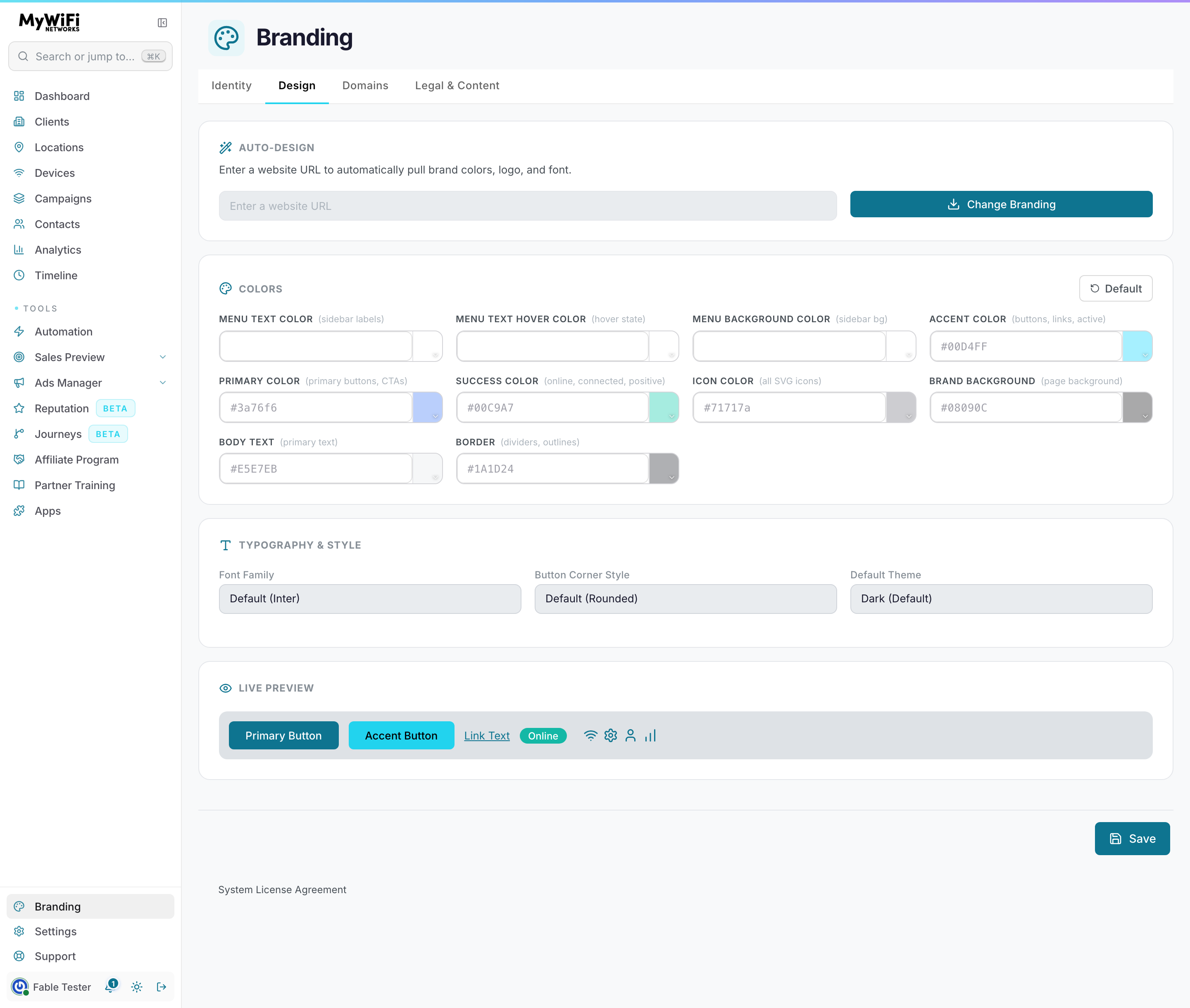 Brand &amp; Theme design-token panel — menu, accent, primary, success, icon, background, body-text, and border colors with hex values, font family, button corner style, default theme, and the live preview strip